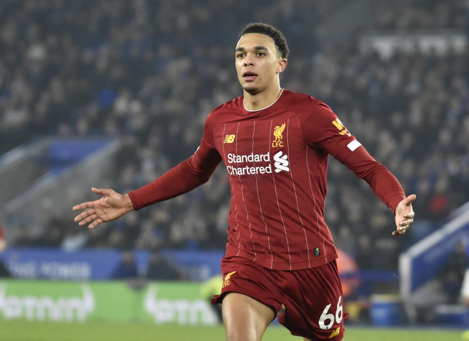 Liverpool's Trent Alexander-Arnold celebrates after scoring his side's fourth goal during the English Premier League soccer match between Leicester City and Liverpool at the King Power Stadium in Leicester, England, Thursday, Dec. 26, 2019. (AP Photo/Rui Vieira)