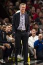 May 20, 2019; Portland, OR, USA; Golden State Warriors head coach Steve Kerr smiles during first half action against the Portland Trail Blazers in game four of the Western conference finals of the 2019 NBA Playoffs at Moda Center. Mandatory Credit: Troy Wayrynen-USA TODAY Sports