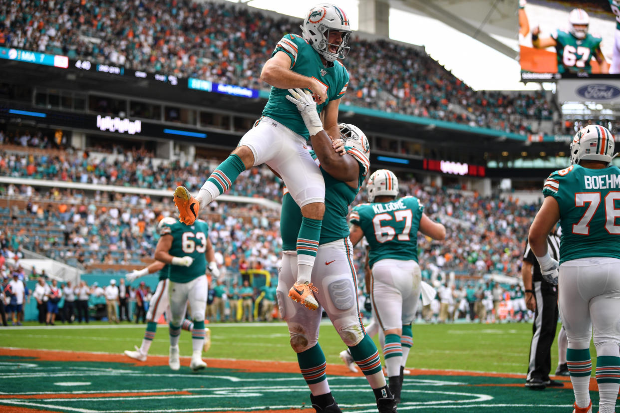 MIAMI, FLORIDA - DECEMBER 01: Jason Sanders #7 of the Miami Dolphins celebrates a touchdown pass from a fake field goal against the Philadelphia Eagles in the second quarter at Hard Rock Stadium on December 01, 2019 in Miami, Florida. (Photo by Mark Brown/Getty Images)