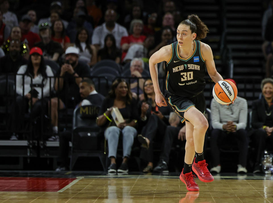 The New York Liberty's Breanna Stewart brings the ball up the court against the Las Vegas Aces during preseason game at Michelob ULTRA Arena in Las Vegas on May 13, 2023. (Ethan Miller/Getty Images)