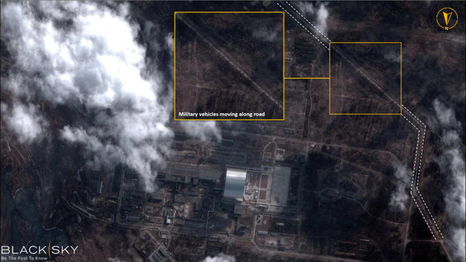 <div class="inline-image__caption"><p>A satellite image shows military vehicles alongside Chernobyl nuclear power plant on Feb. 25, 2022. </p></div> <div class="inline-image__credit">BlackSky via Reuters</div>