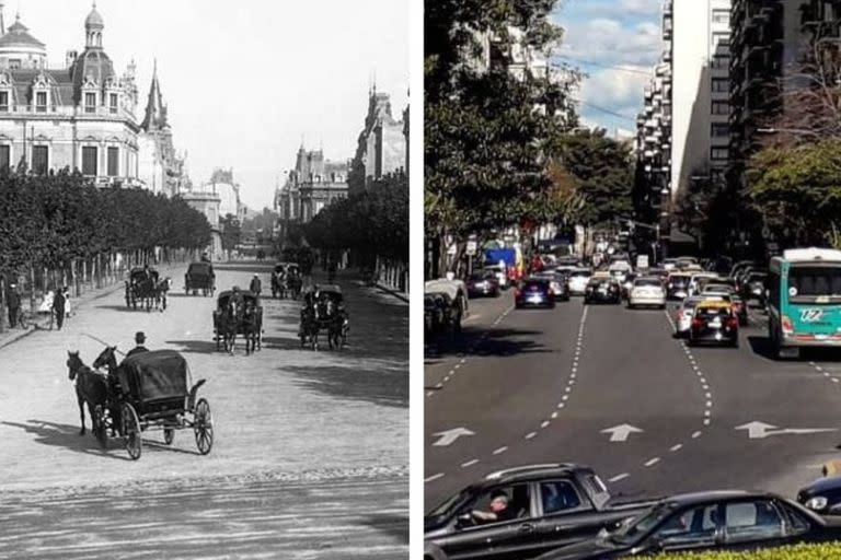 La avenida Alvear, hacia la calle Ayacucho, en el año 1900 (izquierda) y en 2020