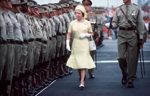 <div class="inline-image__caption"><p>The Queen Reviewing Troops On Her Arrival In Brisbane, Australia, 1977</p></div> <div class="inline-image__credit">Tim Graham Photo Library via Getty Images</div>