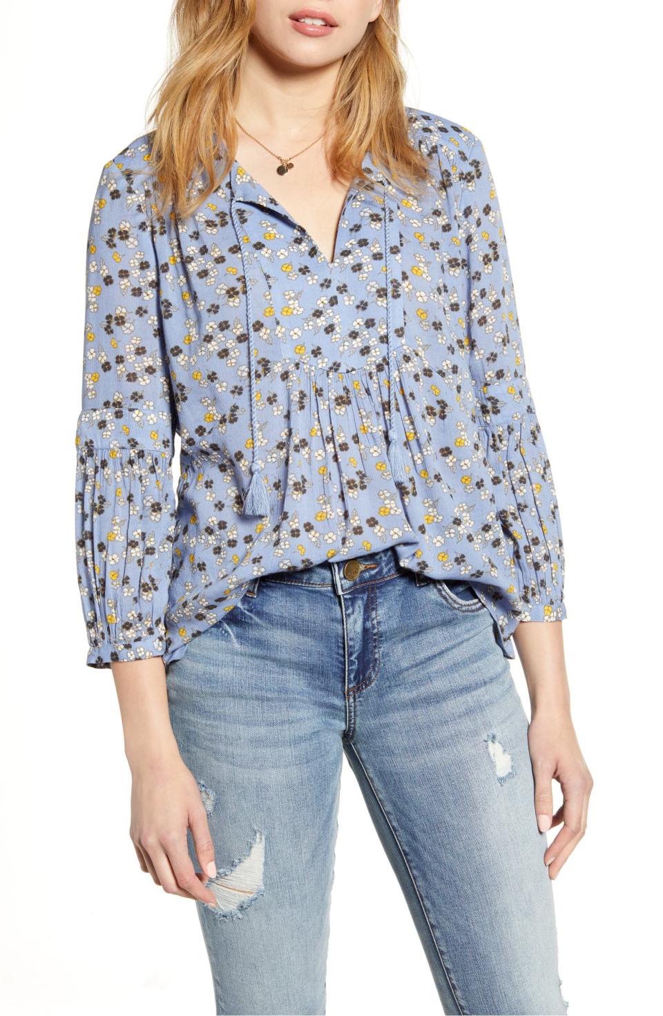 8) Split-Neck Print Blouse