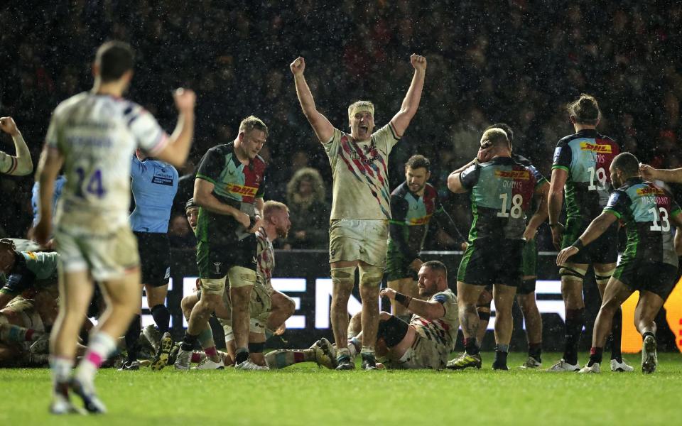 Joe Batley of Bristol celebrates victory at the final whistle during the Gallagher Premiership Rugby match against Harlequins