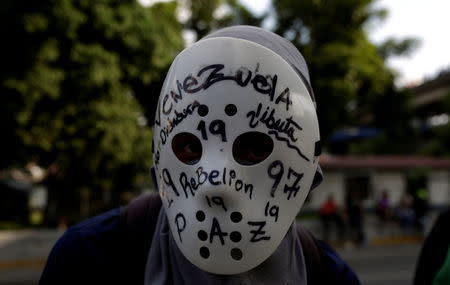 A demonstrator wears a mask during rally against Venezuela's President Nicolas Maduro in Caracas, Venezuela April 24, 2017. REUTERS/Marco Bello