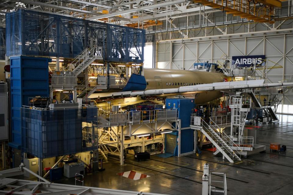 Exteriors of an Airbus A350 seen at an assembly site in Colomiers near Toulouse, south-western France (AFP via Getty Images)