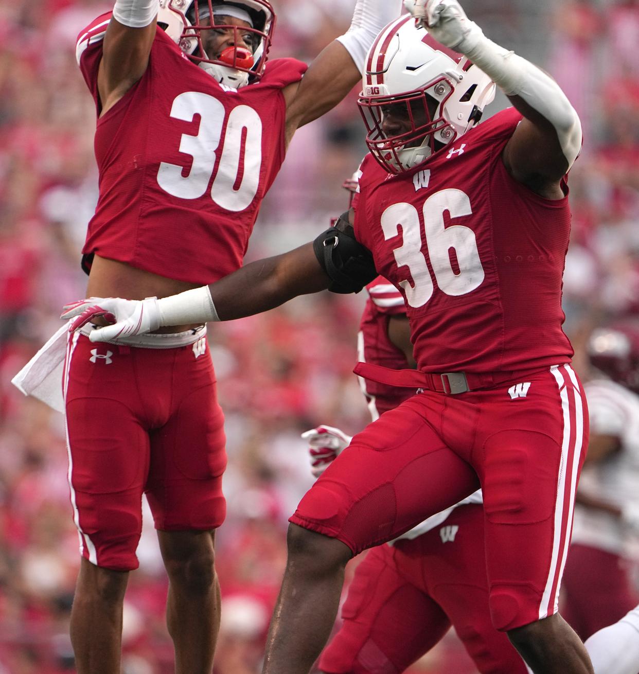 Wisconsin linebacker Jake Chaney (36) celebrates his interception in September against New Mexico State.