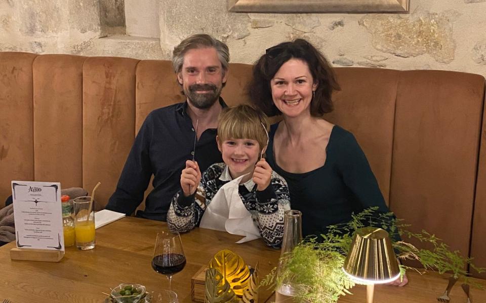 Sally, Tim and Leo at 7pm at Asado restaurant in Languedoc