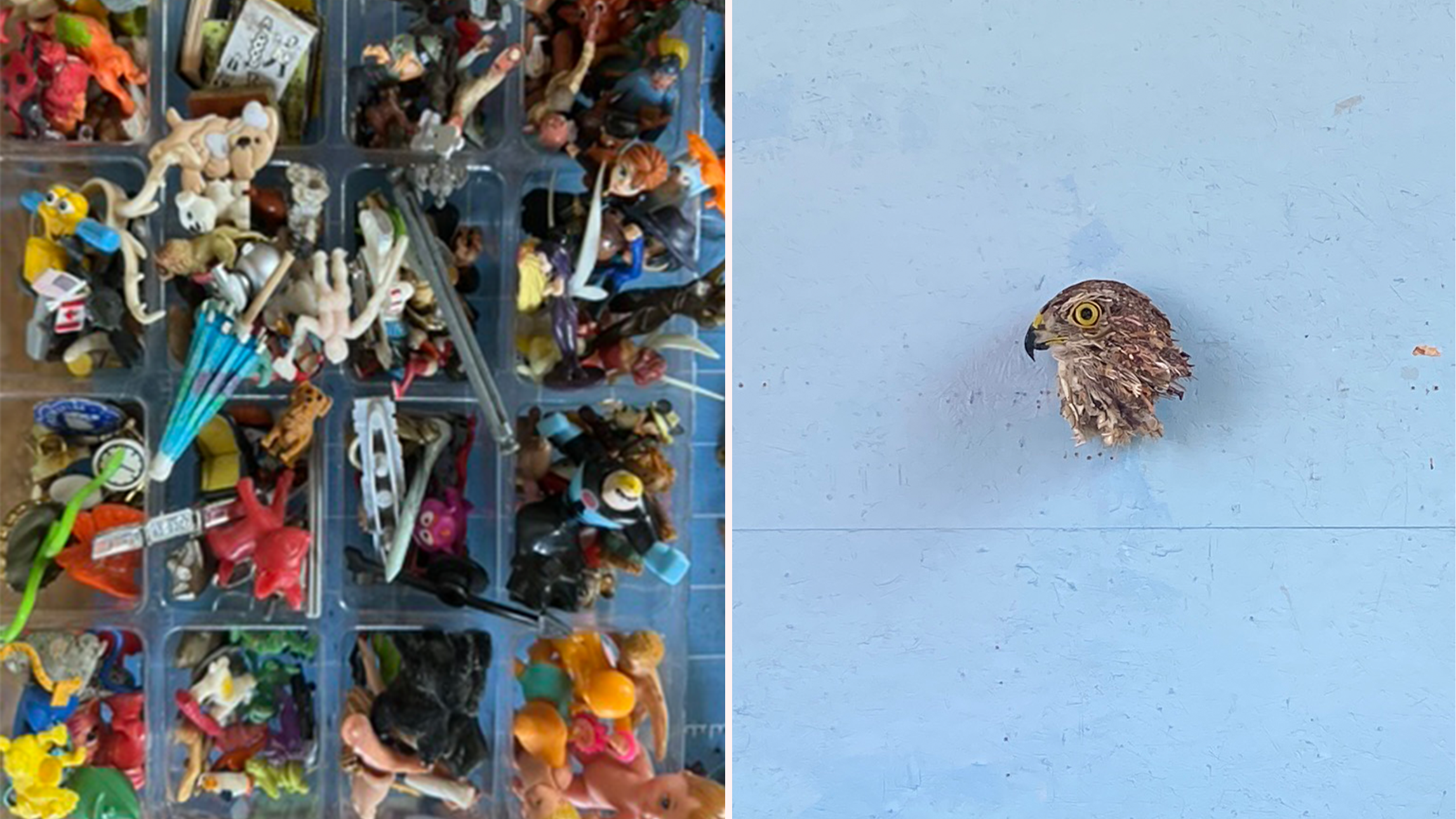 Left: Rows of catalogued action figures in Thomas Deininger's studio. Right: An eagle sculpture by Thomas Deininger.