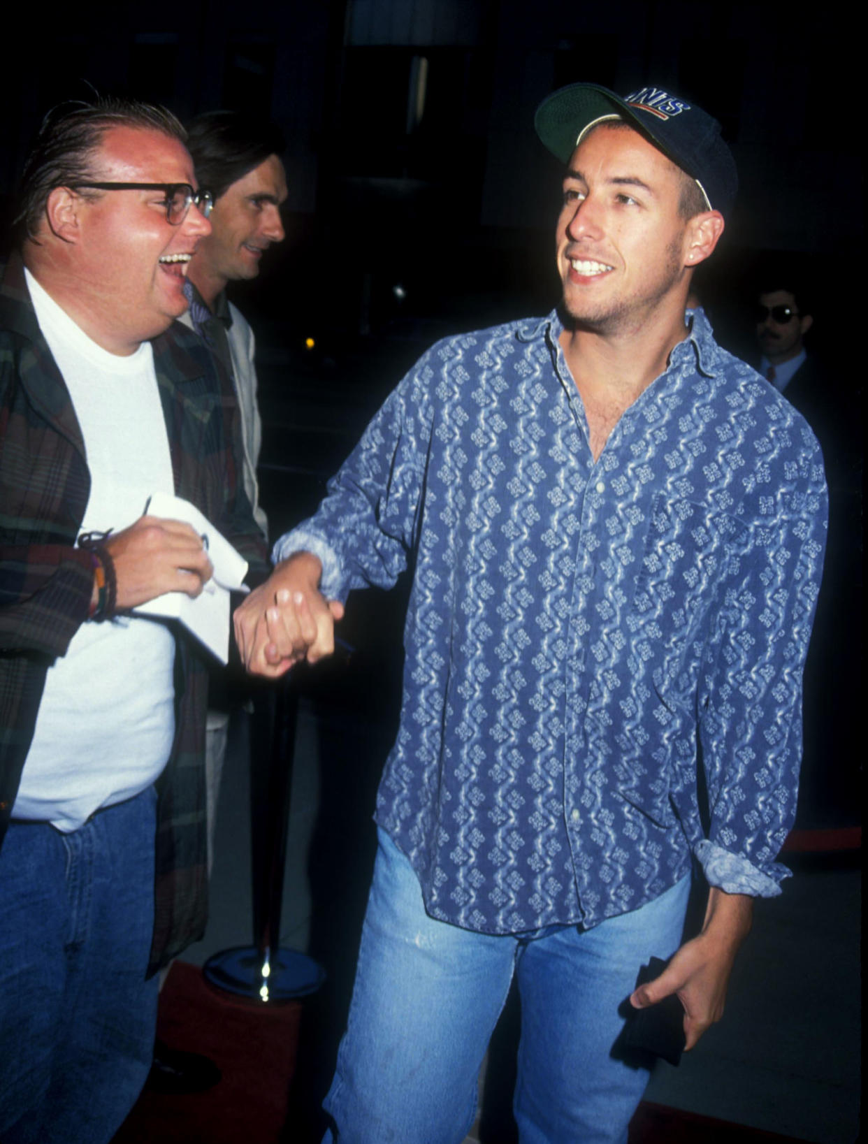 Chris Farley and Adam Sandler hang out in Beverly Hills, Calif., circa 1993. (Photo: Barry King/WireImage)