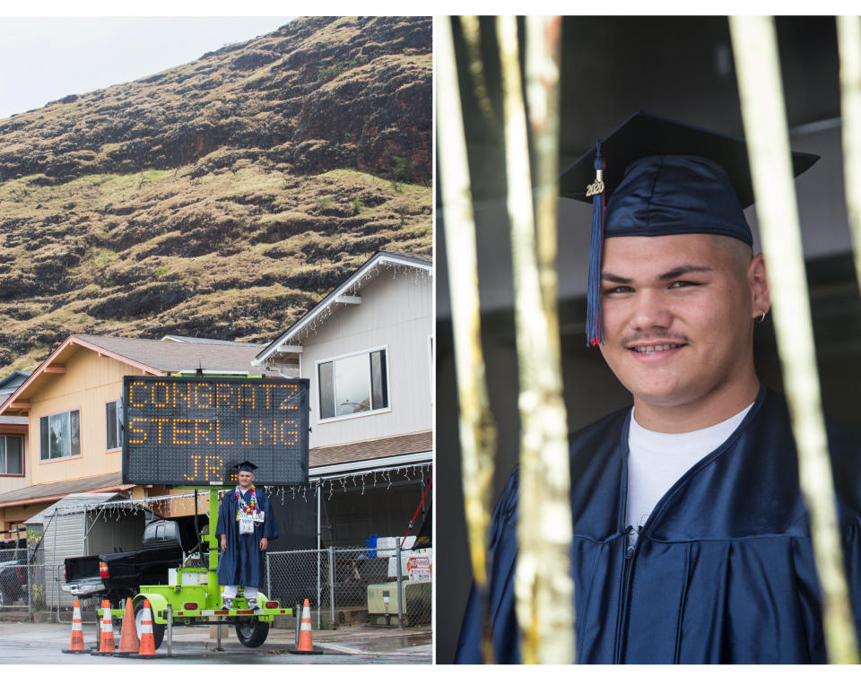 Sterling Hauki Williams Jr., a Waiʻanae High School graduate, stands atop a customized electronic road sign at his home in Waiʻanae, Hawaii, on May 23. (Photo: Marie Eriel Hobro for HuffPost)