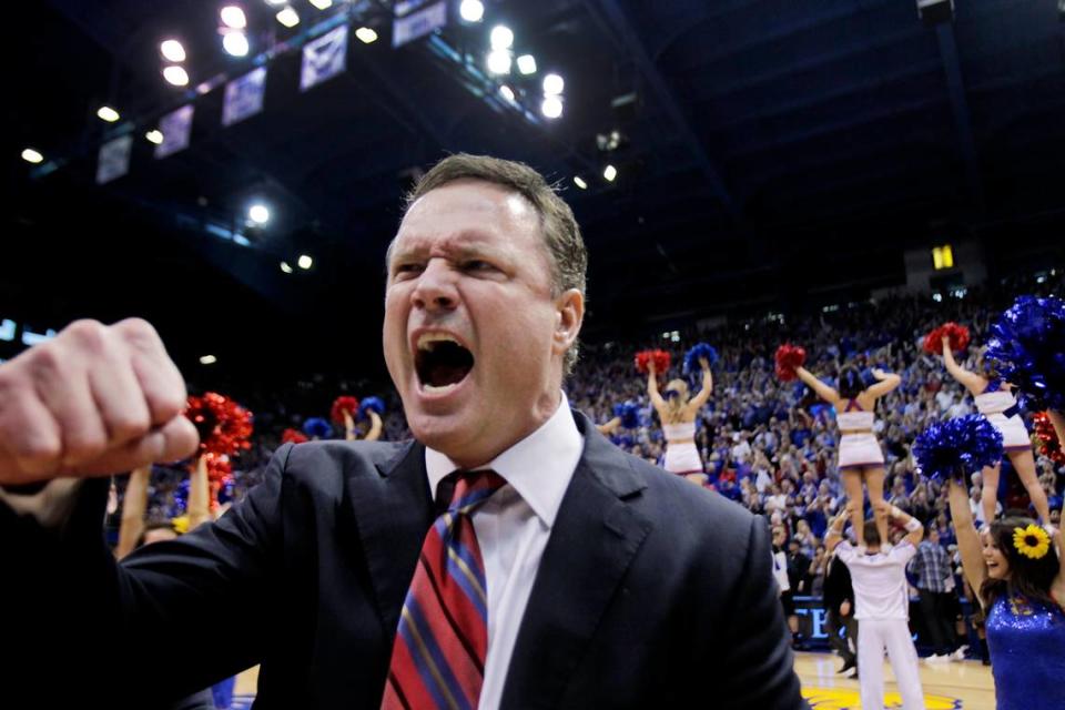 Kansas coach Bill Self let out a yell after his Jayhawks beat Missouri 87-86 in overtime on Feb. 25, 2012 at Allen Fieldhouse in Lawrence.