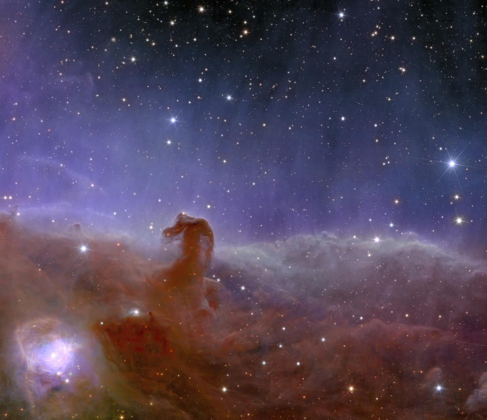 This image provided by the European Space Agency shows Euclid’s panoramic view of the Horsehead Nebula. The European Space Agency released Euclid’s first photos Tuesday, Nov. 7, 2023 four months after the spacecraft was launched from Florida to study the dark universe, invisible yet everywhere. Euclid will observe billions of galaxies, creating the largest 3D map ever made of the cosmos, in order to better understand the dark energy and matter that make up 95 percent of the universe. (European Space Agency via AP)