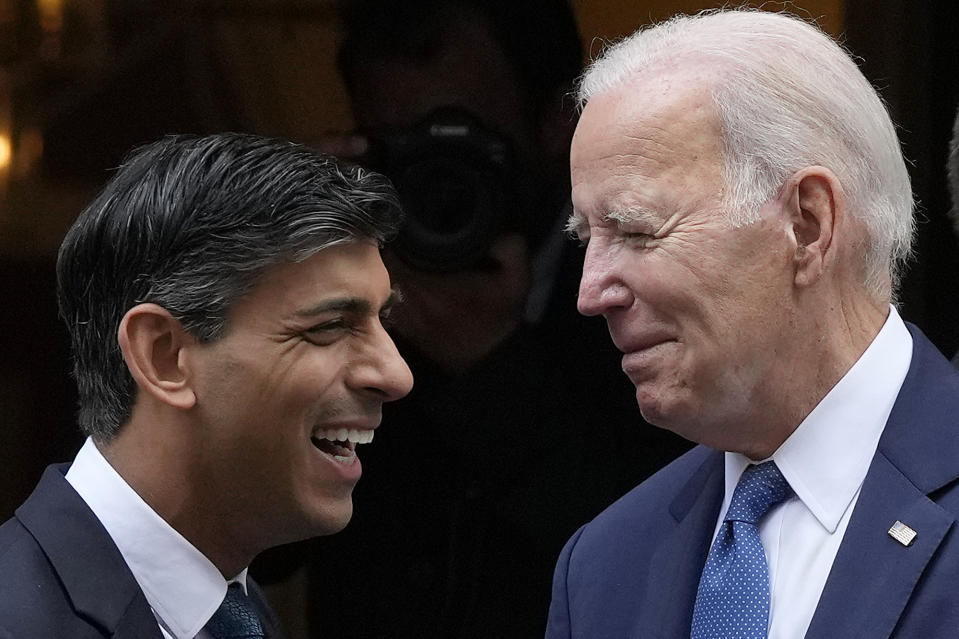 FILE - U.S. President Joe Biden and Britain's Prime Minister Rishi Sunak, left, leave 10 Downing Street after a meeting in London, Monday, July 10, 2023. (AP Photo/Frank Augstein, File)