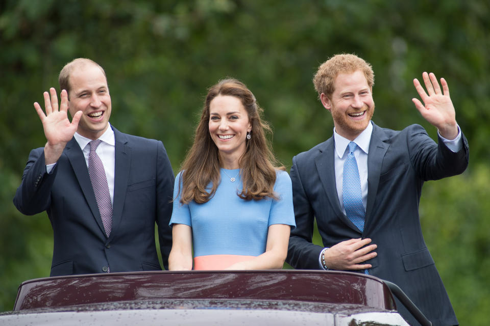 LONDON, ENGLAND - JUNE 12:  (L-R) Prince William, Duke of Cambridge, Catherine, Duchess of Cambridge and Prince Harry during 