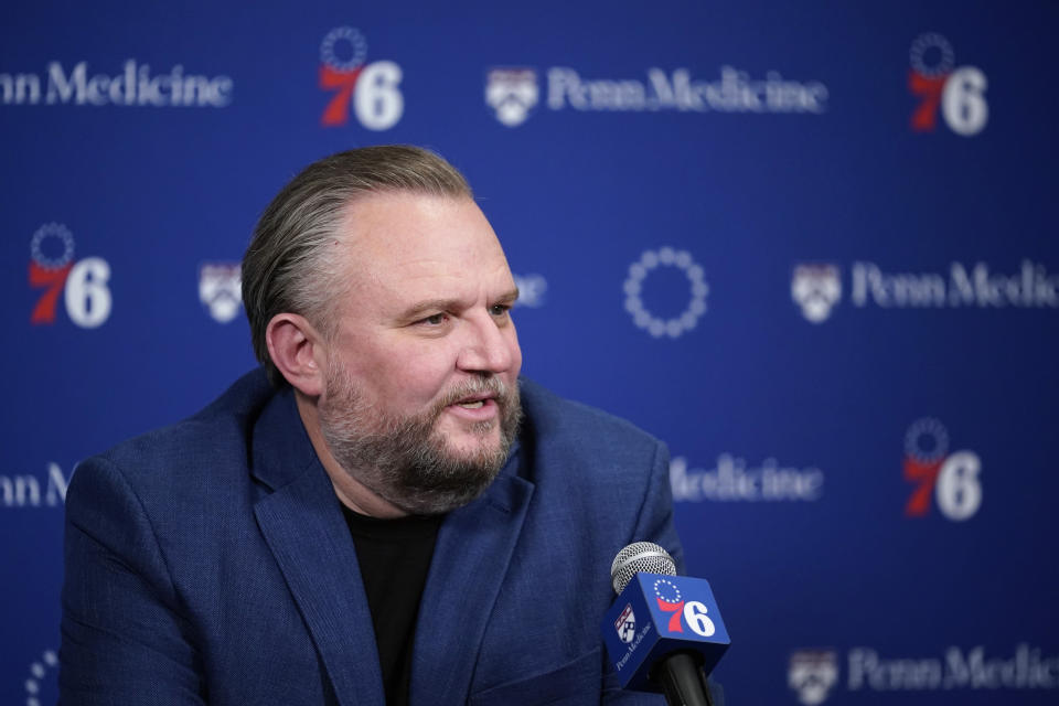 Philadelphia 76ers president Daryl Morey speaks during a news conference before an NBA basketball game against the Detroit Pistons, Friday, Dec. 15, 2023, in Philadelphia. (AP Photo/Matt Slocum)