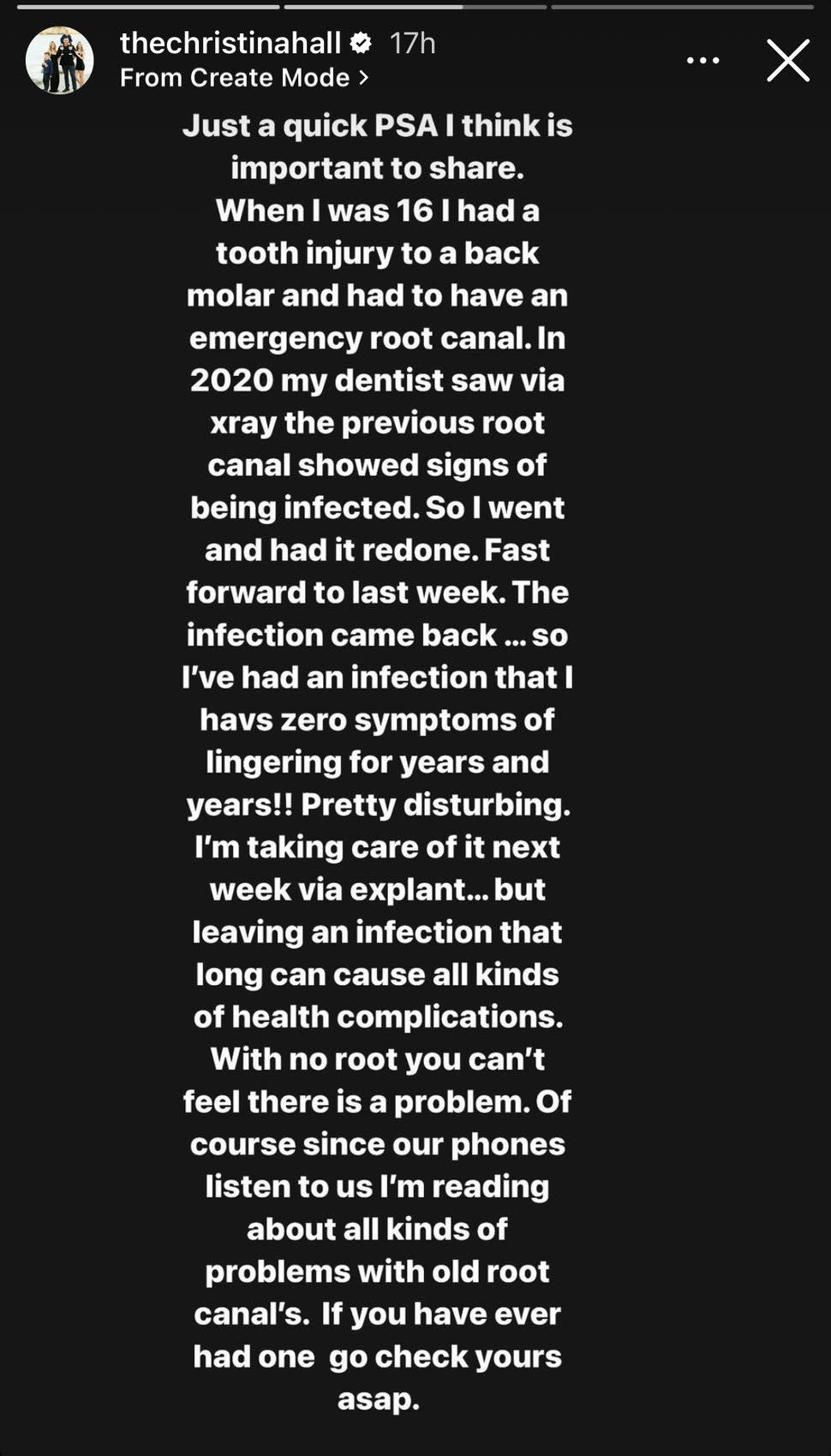 Christina Hall Root Canal Statement