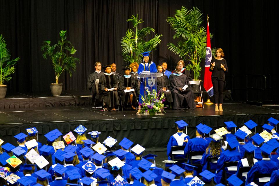 Martin Luther King Jr. Academic Magnet School graduates look on during their commencement ceremony at Lipscomb University's Allen Arena on Sunday, May 19, 2019.