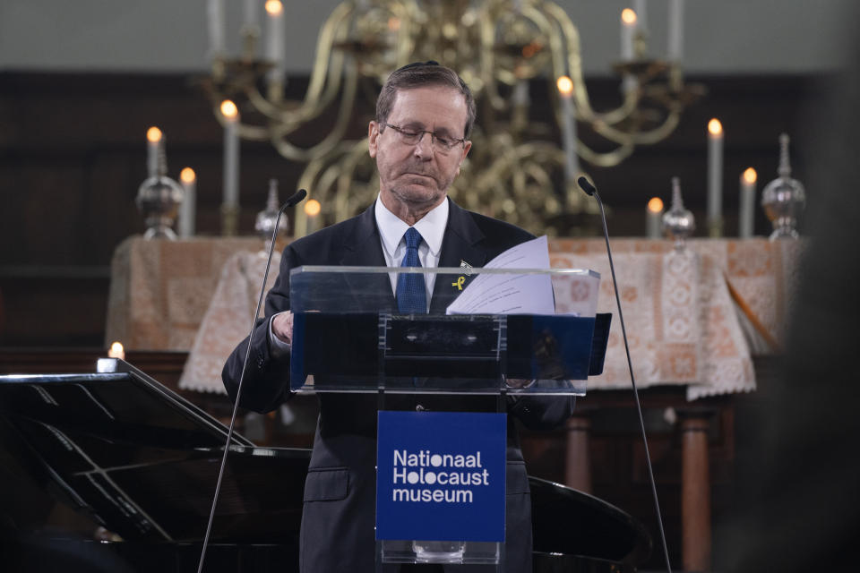 Israel's President Isaac Herzog speaks at the Portuguese Synagogue during a ceremony marking the opening of the new National Holocaust Museum in Amsterdam, Netherlands, Sunday, March 10, 2024. (Bart Maat/Pool Photo via AP)