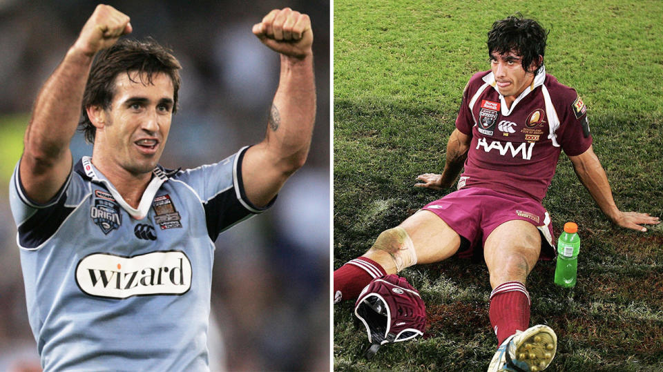 Jonathan Thurston (pictured right) dejected on the floor and Andrew Johns (pictured left) celebrating after his State of Origin masterclass .