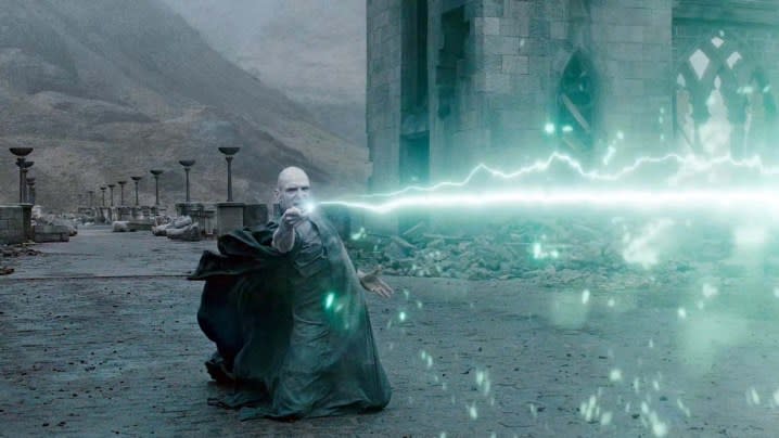 Voldemort casting a spell in Harry Potter and the Deathly Hallows: Part II (2010), directed by David Yates.