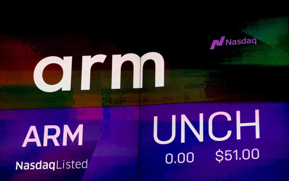 A screen displays the logo of Arm during the company's initial public offering on September 14, 2023