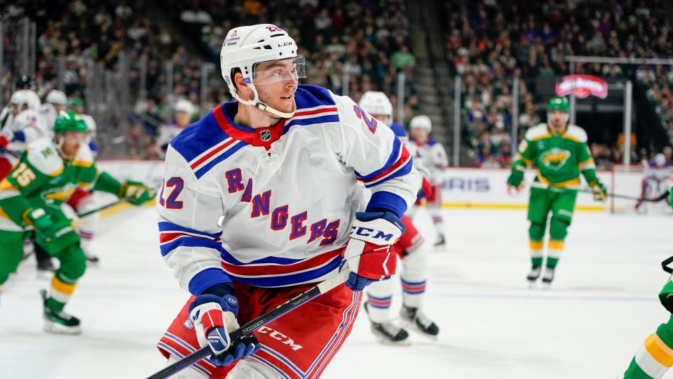 New York Rangers center Jonny Brodzinski in action against the Minnesota Wild during second period of an NHL hockey game Saturday, Nov. 4, 2023, in St. Paul, Minn. The Wild won 5-4 in a shootout.