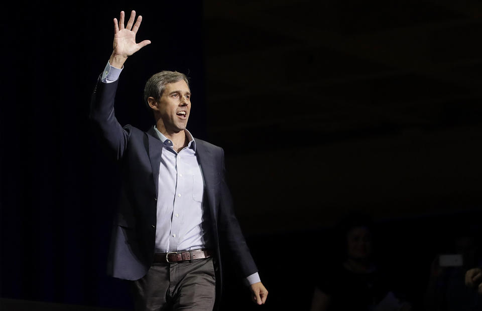 Democratic presidential candidate and former Texas Congressman Beto O'Rourke waves while being introduced during the 2019 California Democratic Party State Organizing Convention in San Francisco, Saturday, June 1, 2019. (AP Photo/Jeff Chiu)