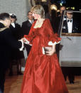LONDON, UNITED KINGDOM - MARCH 30: A pregnant Princess Diana, Princess of Wales in a red David Sassoon maternity gown attending a function at the Barbican Centre on March 30, 1982 in London. England. (Photo by Anwar Hussein/Getty Images)