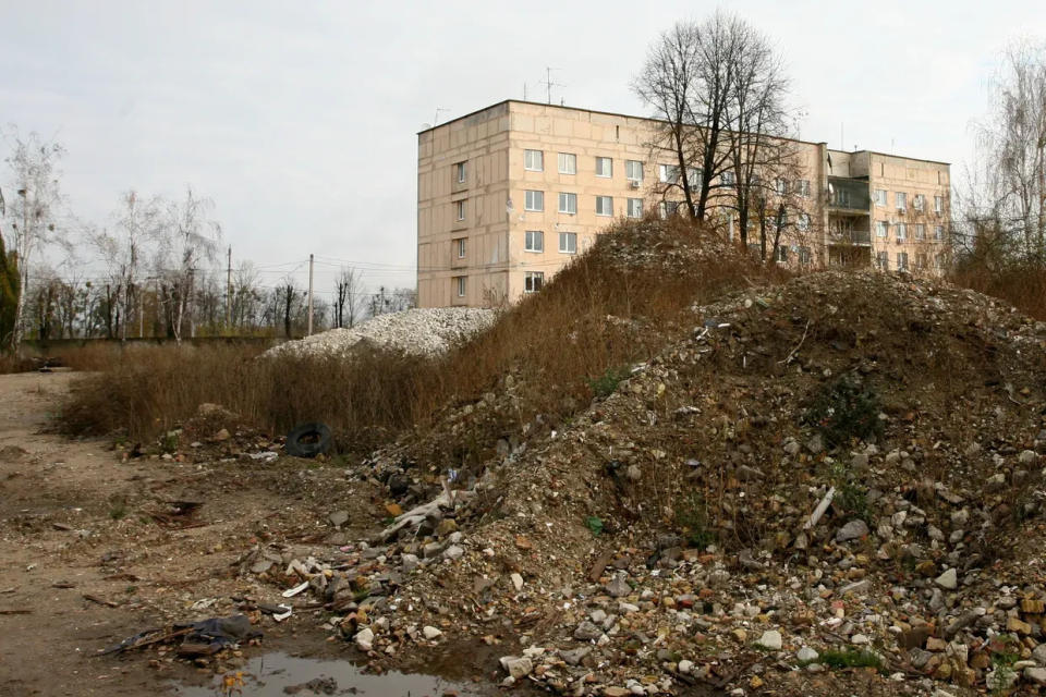 French company Neo-Eco salvaged materials from five apartment blocks in Hostomel. The materials were intended to be used for new construction projects that have since stalled. Nov. 9, 2023. (Dominic Culverwell/ the Kyiv Independent)