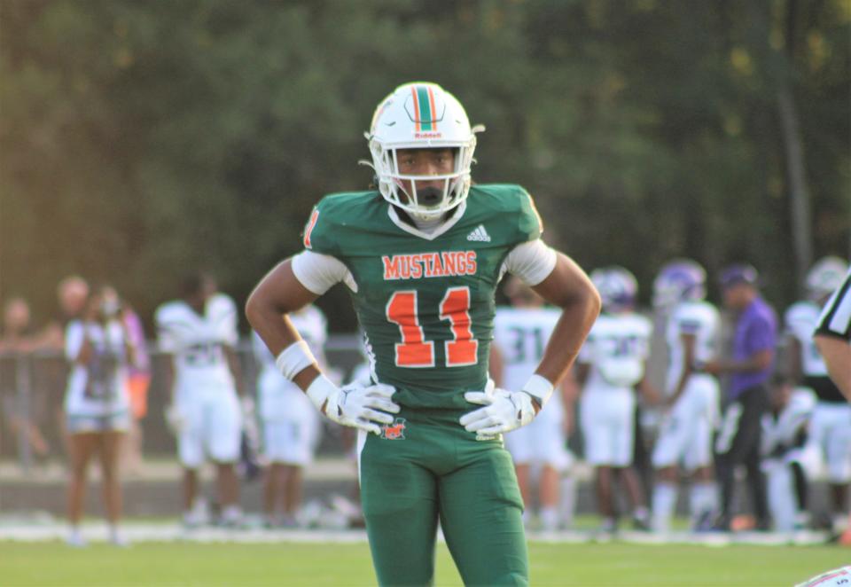 Four-star safety Drake Stubbs waits for a play during the first half of Mandarin's victory against Fletcher.