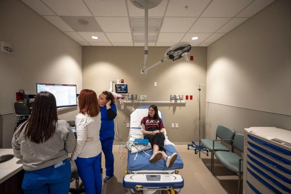 Nursing students from Eastern Kentucky University acted as patients during a training simulation in the emergency department at the new Baptist Health Hamburg campus on Friday, April 12, 2024. The facility, located off Polo Club Boulevard in Lexington, Ky., will hold a ribbon cutting later this month.