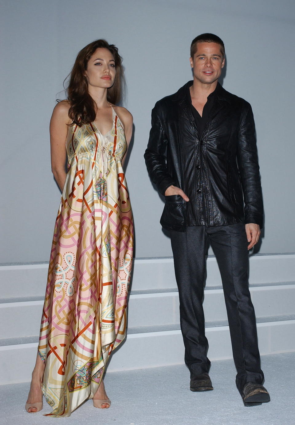 Â©AXELLE/BAUER-GRIFFIN.COM; ShoWest 2005 - FOX presentation and Luncheon. Paris Hotel & Casino, Las Vegas, Nevada. March 17, 2005. www.bauergriffin.com; Brad Pitt and Angelina Jolie. (Photo by Michael Stub/Her Og Nu via Getty Images)