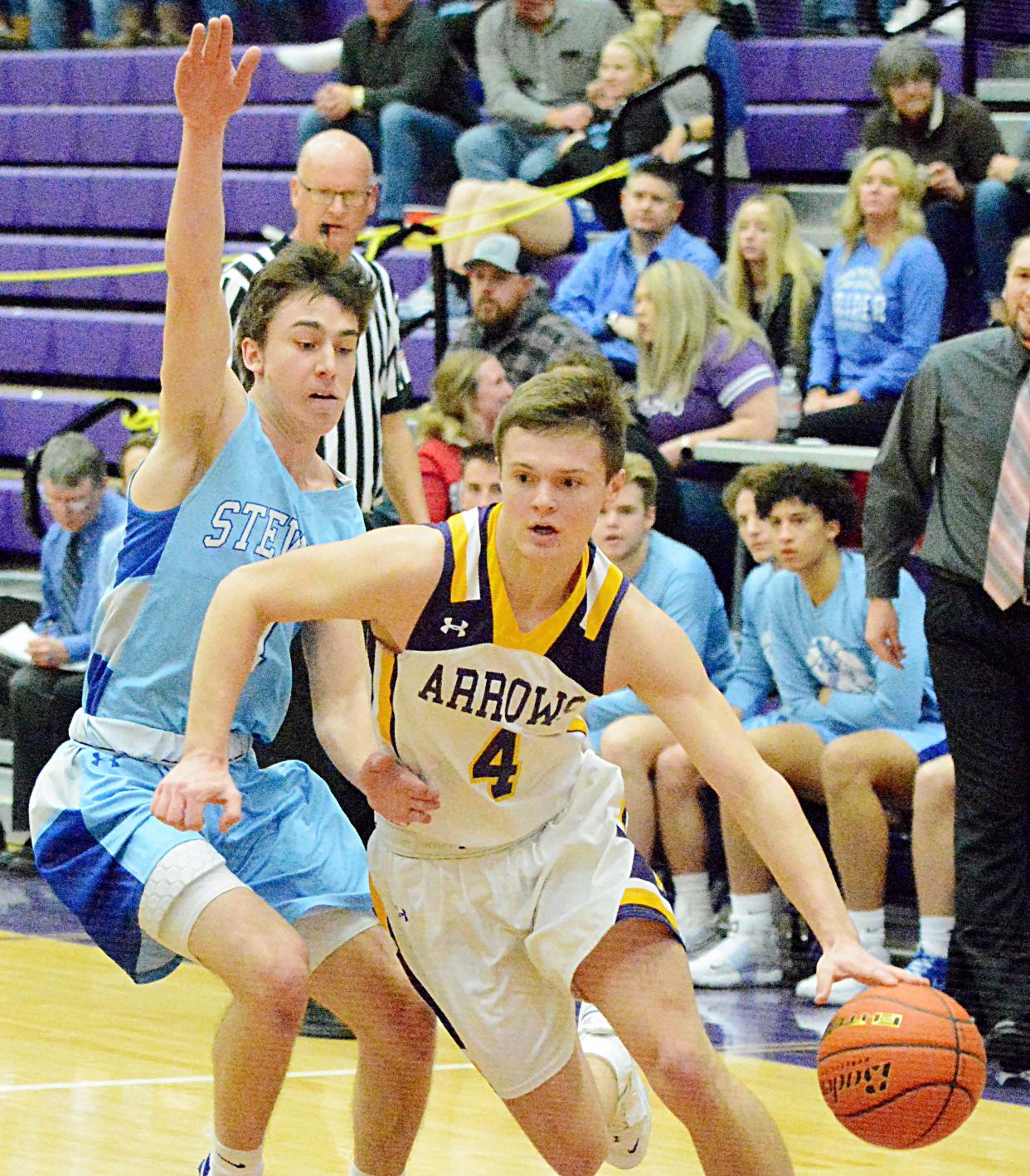 Senior Drew Norberg (4) helped carry Watertown High School's boys basketball team to a weekend sweep over Rapid City Stevens and Central in the Civic Arena. Norberg, who celebrated his birthday over the weekend, scored 44 points in the two wins.