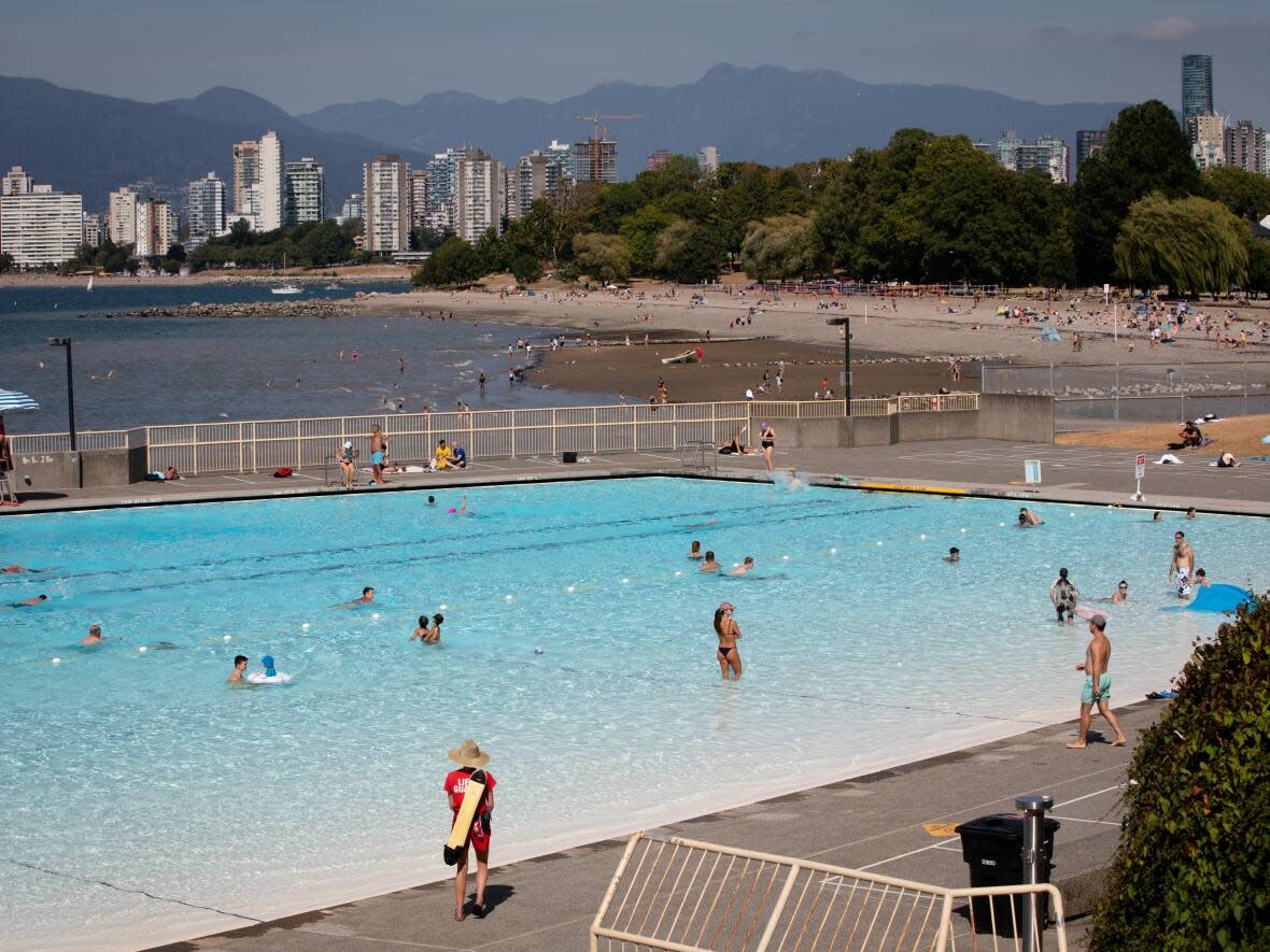 Kitsilano Pool, with Kitsilano Beach behind it, pictured in August 2021.  (Maggie MacPherson/CBC - image credit)