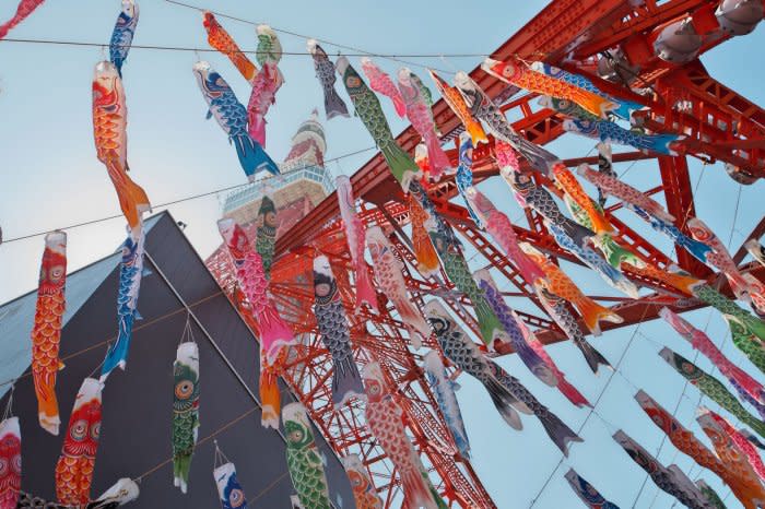 Carp streamers cover Tokyo Tower and Skytree in Japan