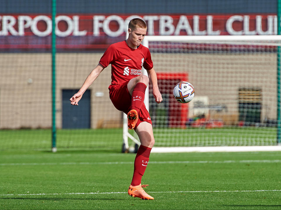 KIRKBY, ENGLAND - OCTOBER 01: (THE SUN OUT, THE SUN ON SUNDAY OUT) Carter Pinnington of Liverpool in action at AXA Training Centre on October 1, 2022 in Kirkby, England. (Photo by Nick Taylor/Liverpool FC/Liverpool FC via Getty Images)