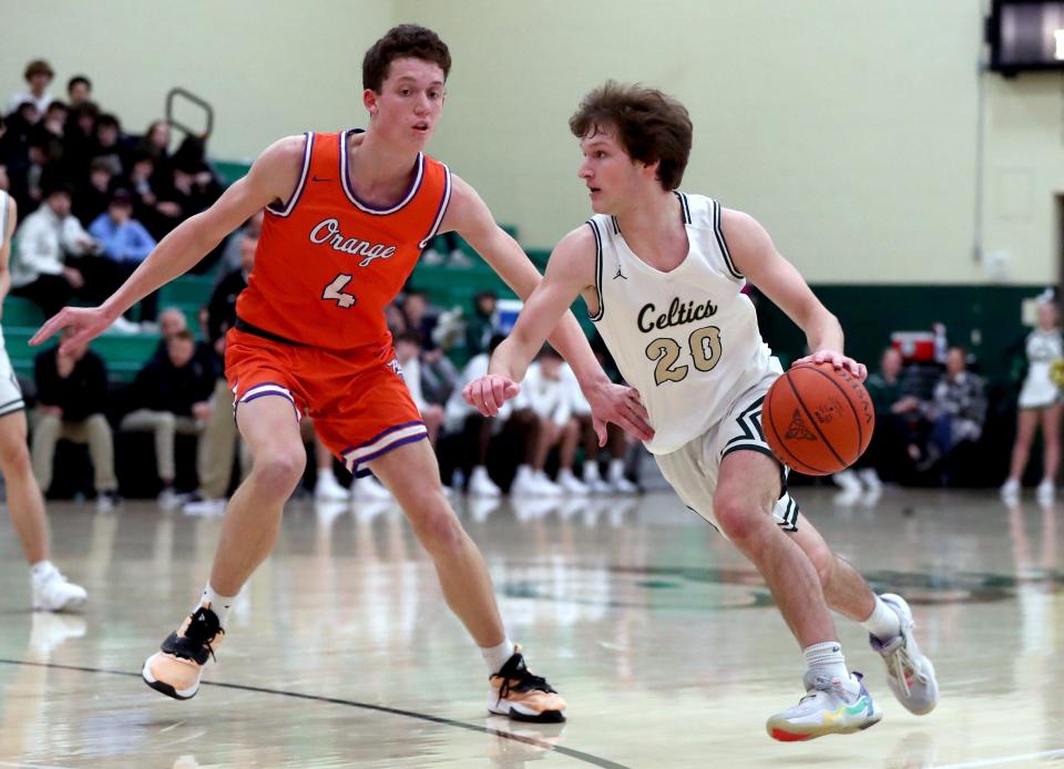 Dublin Jerome's Sasha Stavroff drives past Olentangy Orange's Nick Chapman during a game Dec. 6.