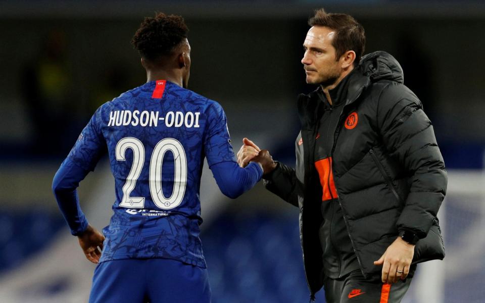 Chelsea manager Frank Lampard shakes hands with Callum Hudson-Odoi after the match A - Reuters