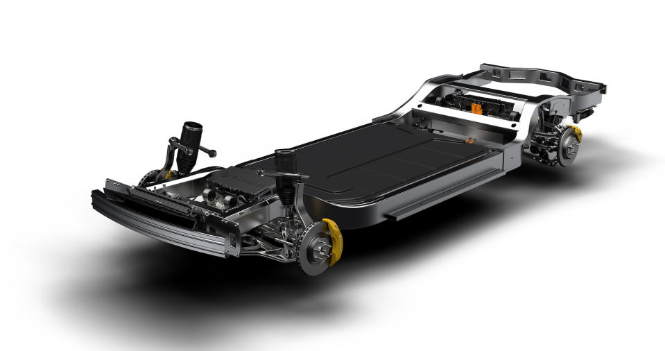 The Rivian "skateboard" vehicle platform, a chassis unit that includes electric motors, batteries, vehicle suspension components, and brakes