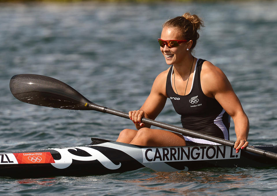 <p>New Zealand’s Lisa Carrington smiles after winning the gold medal in the kayak single 200-meter women’s final at the 2012 Summer Olympics, Saturday, Aug. 11, 2012, in Eton Dorney, near Windsor, England. (AP Photo/Francisco Leong, Pool) </p>
