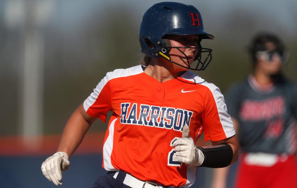 Harrison Raiders Kylie Dugan (2) rounds third base during the IHSAA softball game against the Rossville Hornets, Wednesday, April 12, 2023, at Harrison High School in West Lafayette, Ind. Harrison won 6-4.