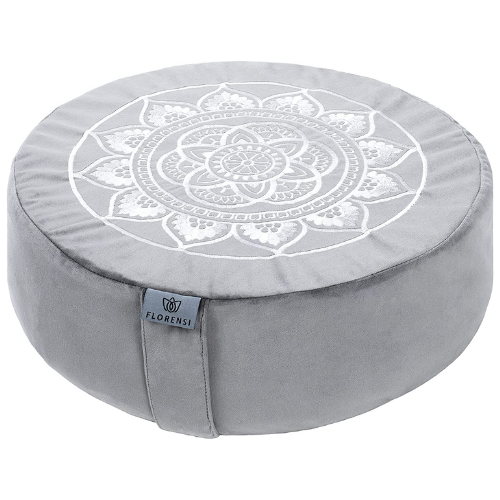 light gray meditation pillow against white background