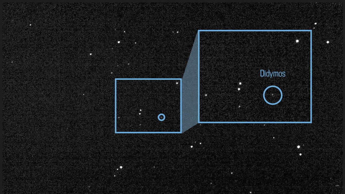 The asteroids Didymos and Dimorphos as seen by Nasa’s Dart spacecraft from 20 million miles away.  (Nasa)