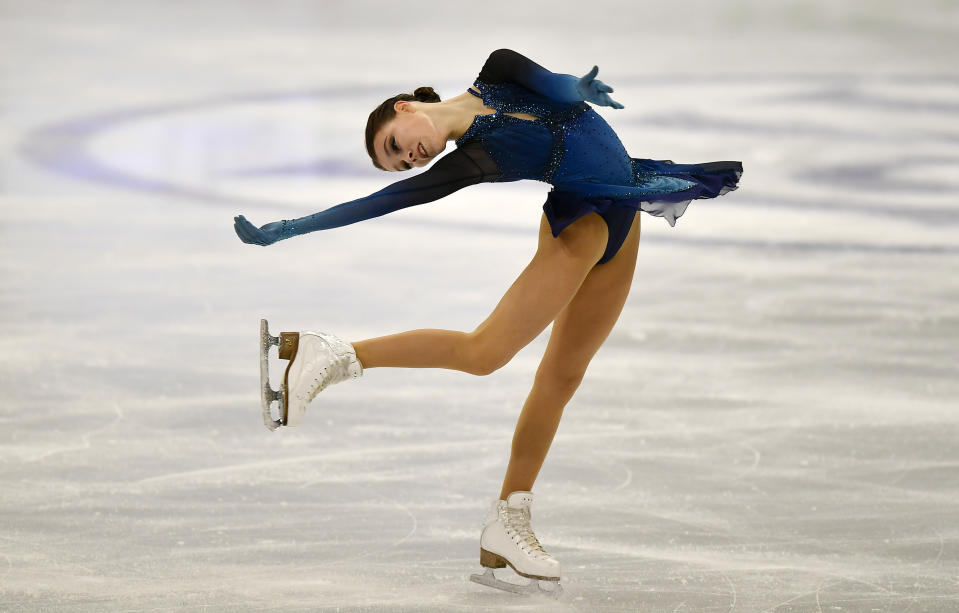 Russian skater Anna Shcherbakova performs during the Ladies Short Program at the Figure Skating World Championships in Stockholm, Sweden, Wednesday, March 24, 2021. (AP Photo/Martin Meissner)