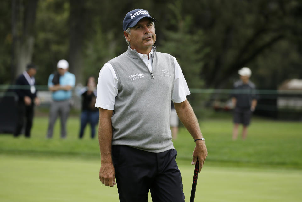 Fred Couples reacts after missing a birdie putt on the first green of the Silverado Resort North Course during the first round of the Safeway Open PGA golf tournament Thursday, Oct. 4, 2018, in Napa, Calif. (AP Photo/Eric Risberg)