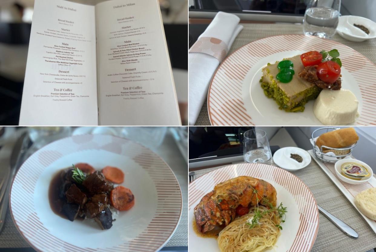 The menu from Male to Milan, collaged with gooseliver pate, beef brisket, and lobster tail with noodles.