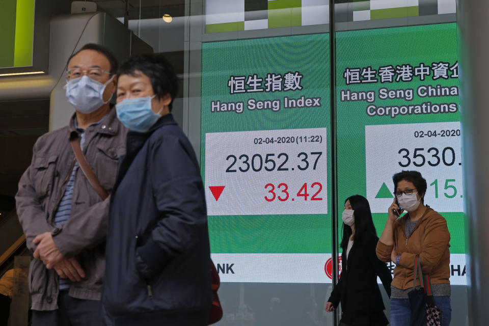 People walk past an electronic board showing Hong Kong share index outside a local bank in Hong Kong, Thursday, April 2, 2020. Asian stocks were meandering Thursday after a White House warning that as many as 240,000 Americans might die of the coronavirus sent Wall Street tumbling and signs of the outbreak's global economic cost increased.(AP Photo/Kin Cheung)