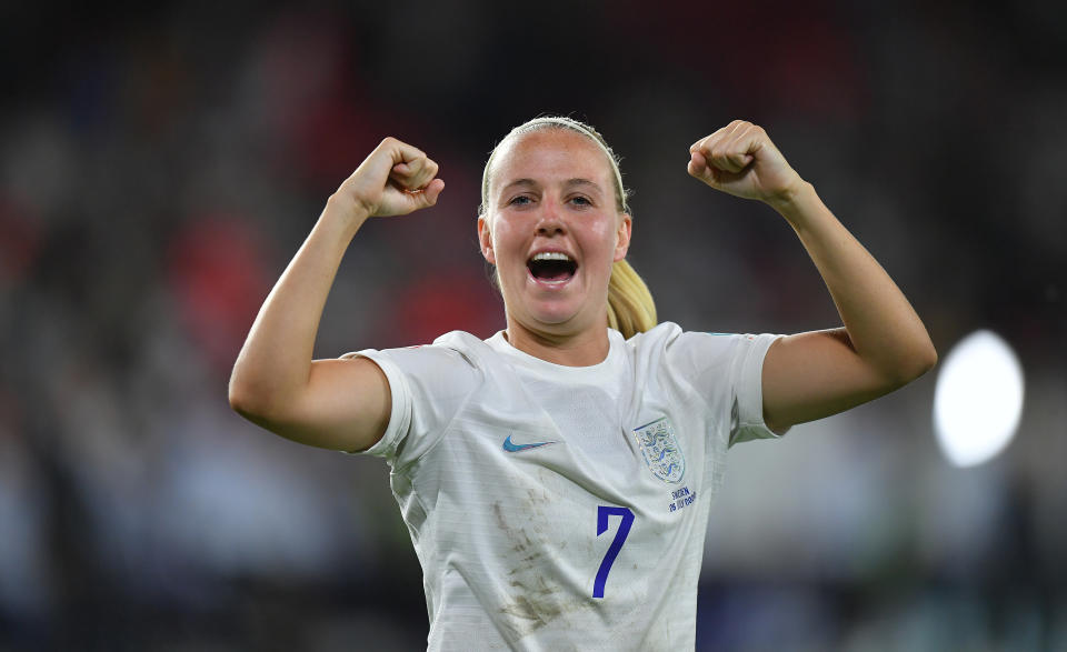 SHEFFIELD, ENGLAND - JULY 26: England's Beth Mead celebrates her teams 4-0 victory during the UEFA Women's Euro England 2022 Semi Final match between England and Sweden/Belgium at Bramall Lane on July 26, 2022 in Sheffield, United Kingdom. (Photo by Dave Howarth - CameraSport via Getty Images)